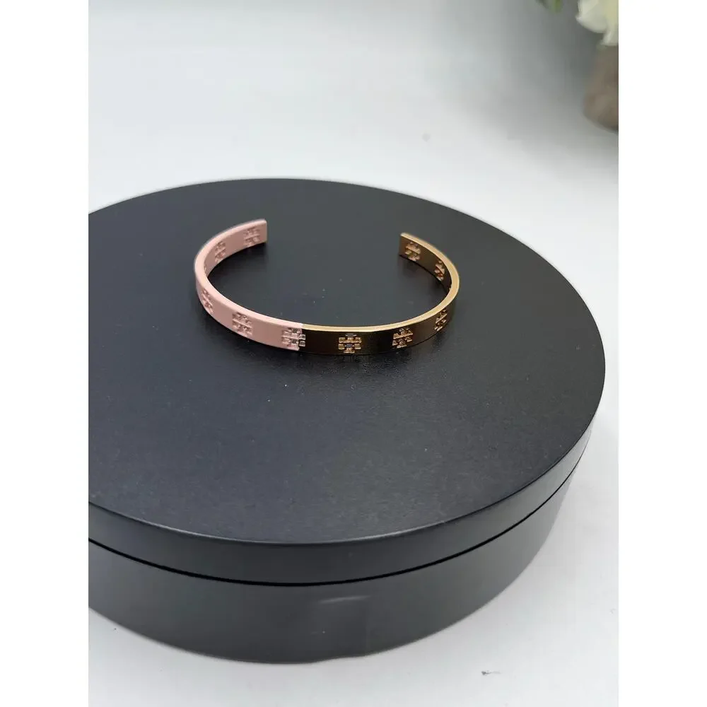 Tory Burch Pretty‎ Pink Half Enamel Dipped Gold Plated Cuff Bracelet